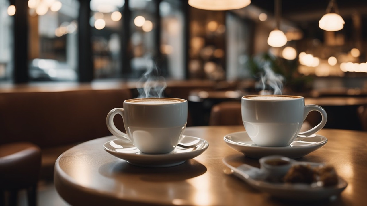 Café quentinho sobre a mesa de uma cafeteria